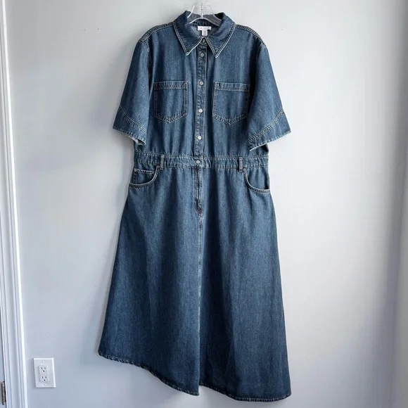 ALIGNE Mateo Short Sleeve Asymmetric Denim Midi Shirt Dress 12 Anthropologie - Picture 7 of 15